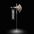 Decorative Battle Axe With Intricate Golden Accents And Hanging Banner On Black Background